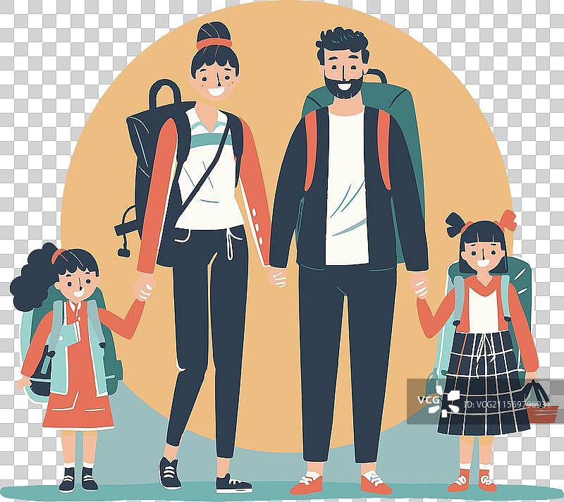 四口之家站在一起，准备出发旅行图片素材