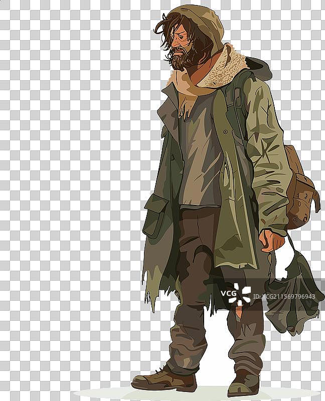 无家可归的男人走路，绝望显而易见，身体佝偻。图片素材