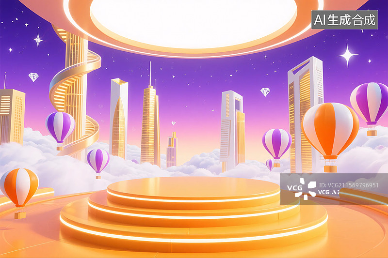 【AI数字艺术】橙紫色云端数字城市展台图片素材