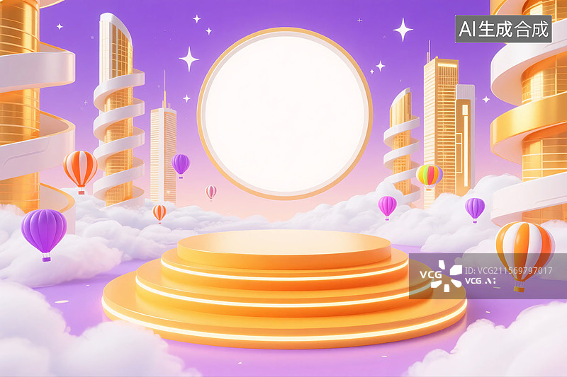 【AI数字艺术】橙紫色云端数字城市展台图片素材