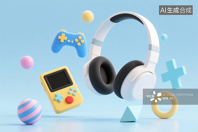 【AI数字艺术】蓝色背景上的游戏机与耳机图片素材