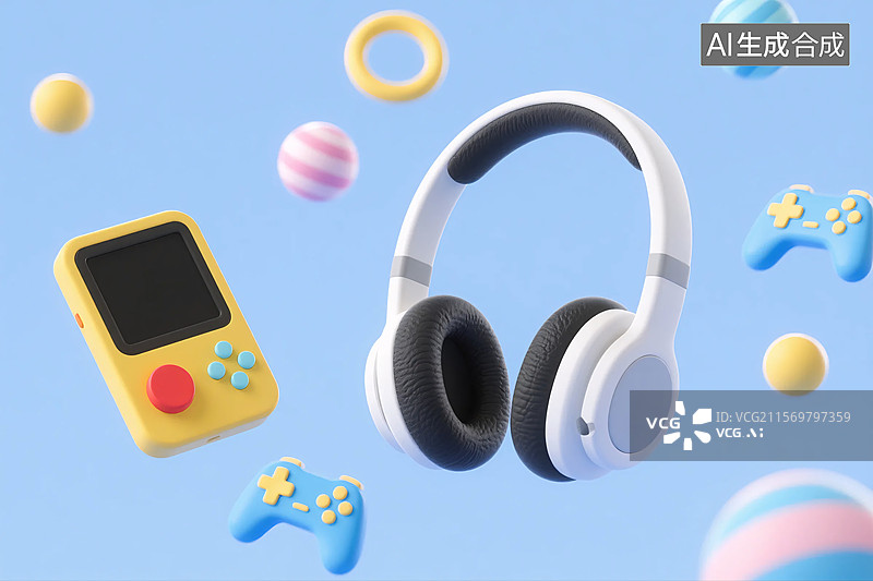 【AI数字艺术】蓝色背景上的游戏机与耳机图片素材