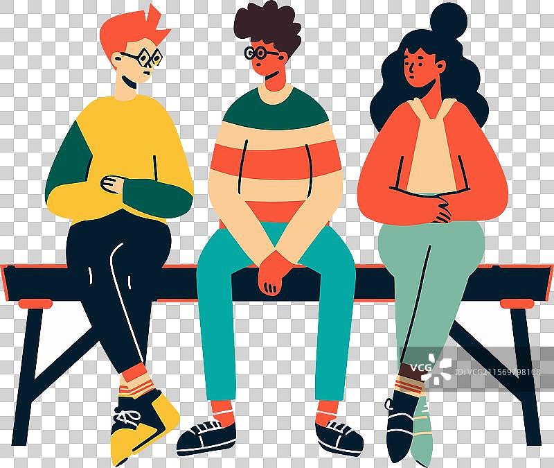 三个年轻成年人坐在长椅上，组成一个多元化的群体图片素材