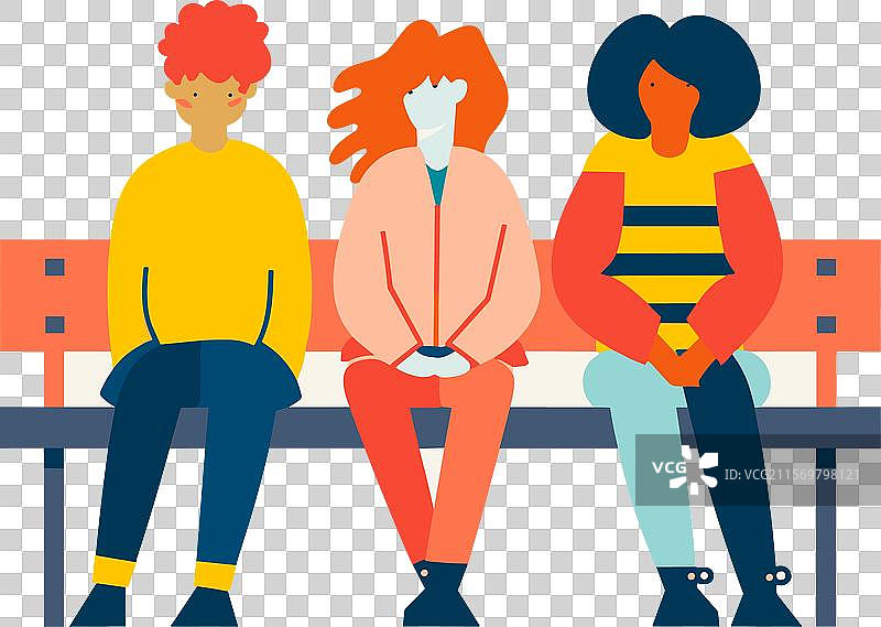 三个人坐在公园长椅上社交图片素材