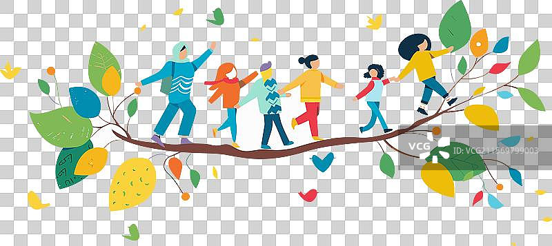 多元化的群体在平衡五彩斑斓的树枝图片素材