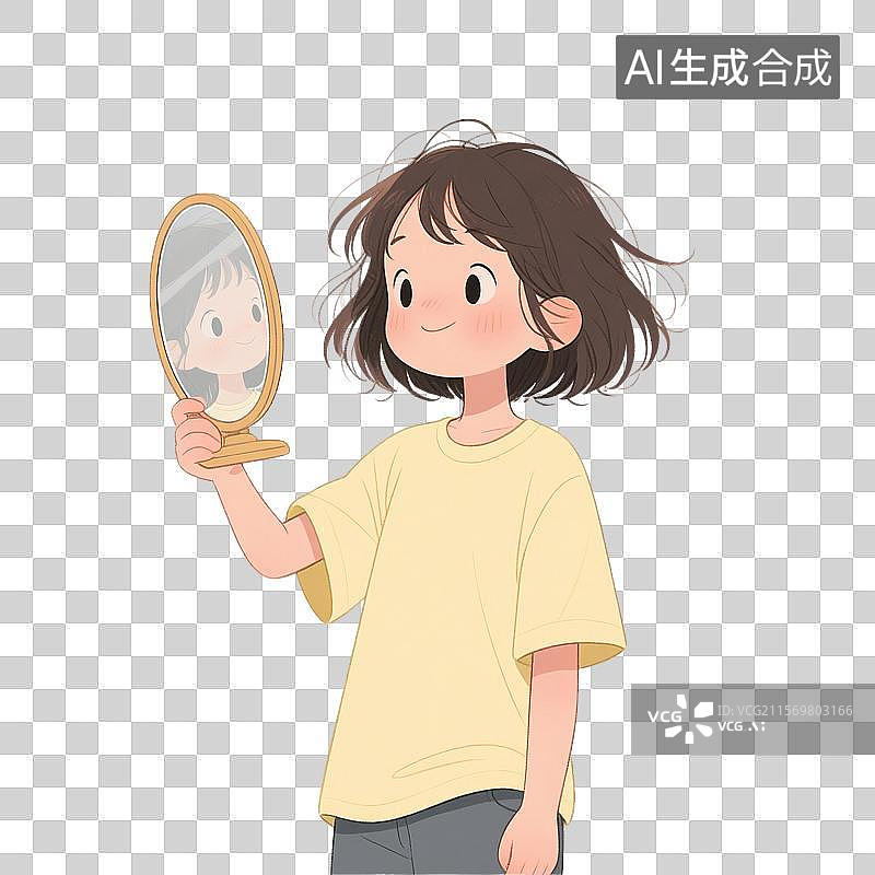 【AI数字艺术】手绘插画，一个女孩正在照镜子，免抠元素图片素材
