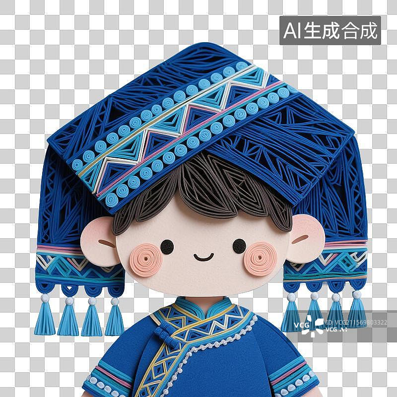 【AI数字艺术】3D渲染，衍纸风格卡通人物，穿壮族服饰的小美女，壮族，少数民族，传统文化，免抠元素图片素材