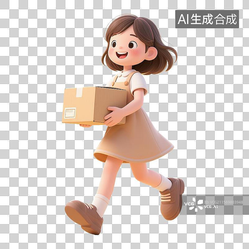 【AI数字艺术】3D渲染卡通人物，拿着纸板箱的小女孩，取快递的美女，免抠元素图片素材