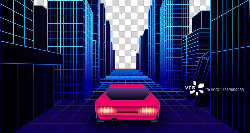 80年代合成波风格的霓虹汽车在赛道上飞驰图片素材