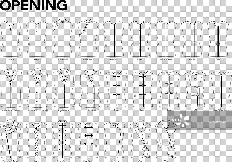 上衣、衬衫、夹克和女衬衫的开口设计集合图片素材
