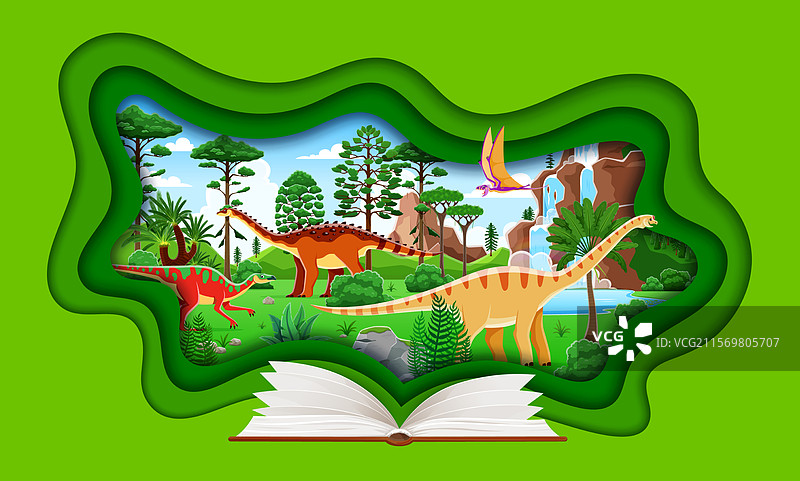 打开的历史教科书，里面有史前恐龙图片素材