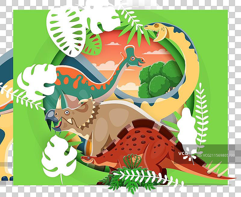 史前恐龙剪纸海报圆框图片素材