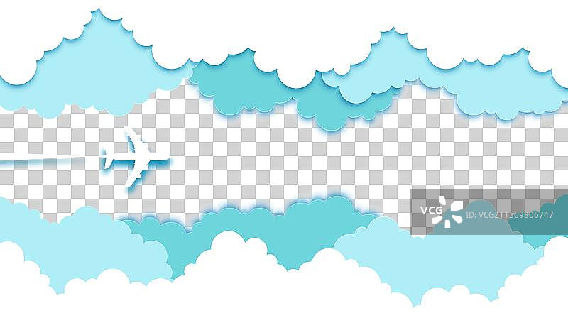 俯视天空中纸雕飞机与云朵的3D效果图片素材