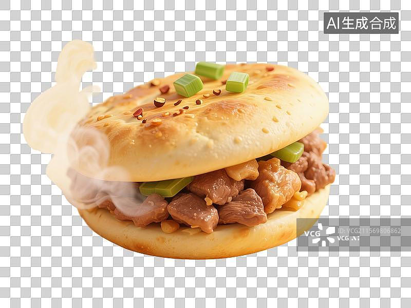 【AI数字艺术】驴肉火烧，肉夹馍，中式传统美食小吃，免抠元素图片素材