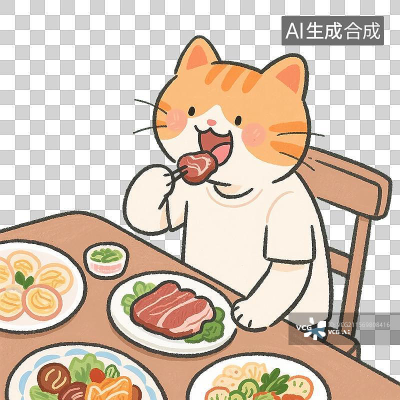 【AI数字艺术】治愈系手绘插画，一只小猫正在吃饭，免抠元素图片素材