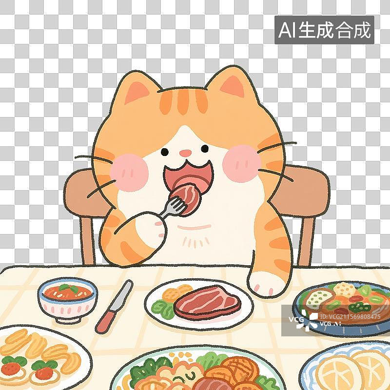 【AI数字艺术】治愈系手绘插画，一只小猫正在吃饭，免抠元素图片素材