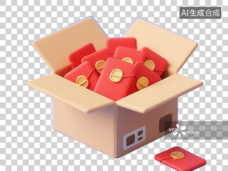 【AI数字艺术】3D渲染卡，纸箱里装着许多红包，红包，购物节促销，优惠券，新年春节，金色，免抠元素图片素材