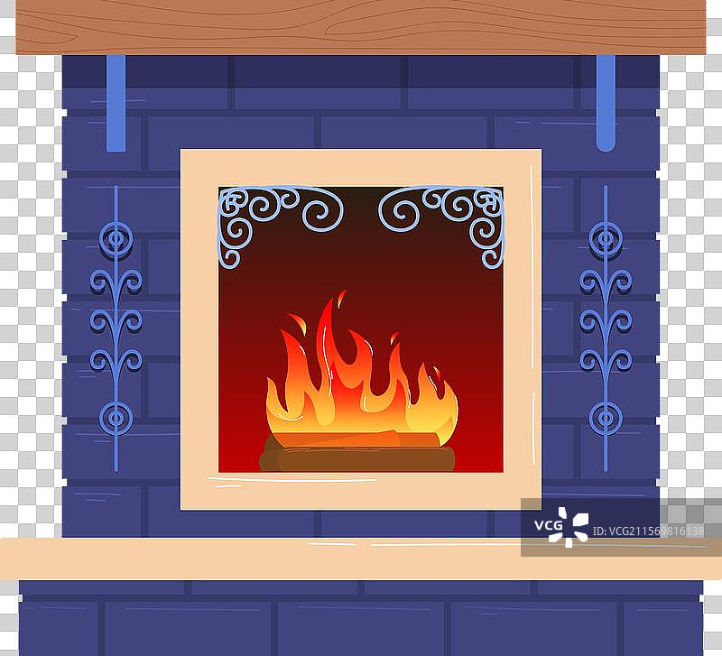 蓝色砖砌壁炉，火焰橙色炽热图片素材