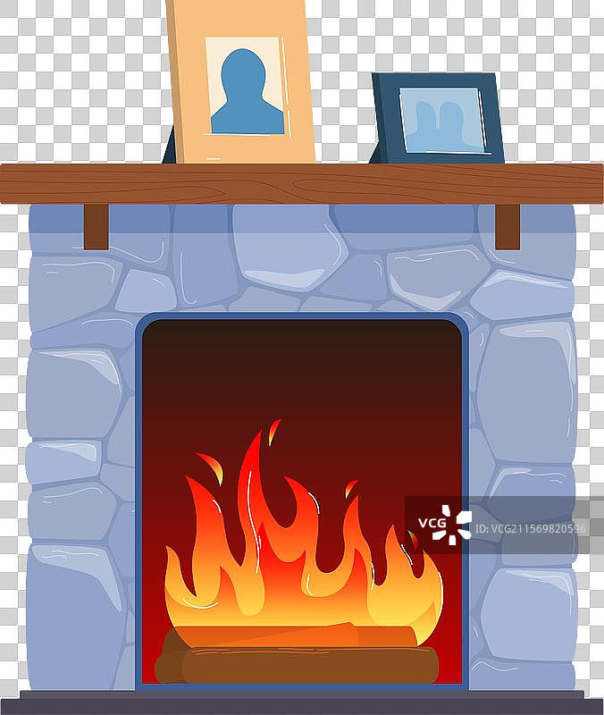 石制壁炉燃烧的火焰与木质相框图片素材