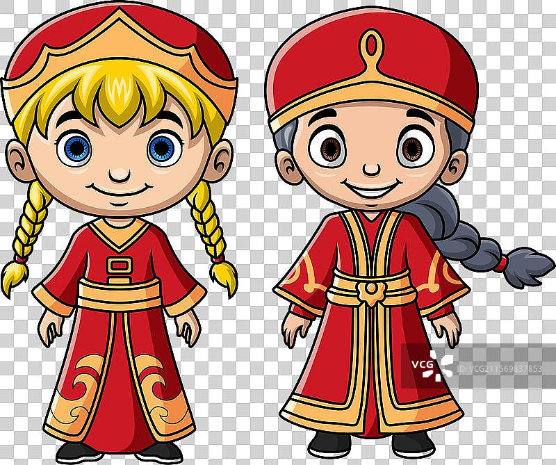 一对穿着蒙古服装的卡通小孩图片素材