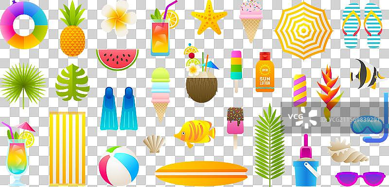 夏季假期和海滩度假物品的集合图片素材