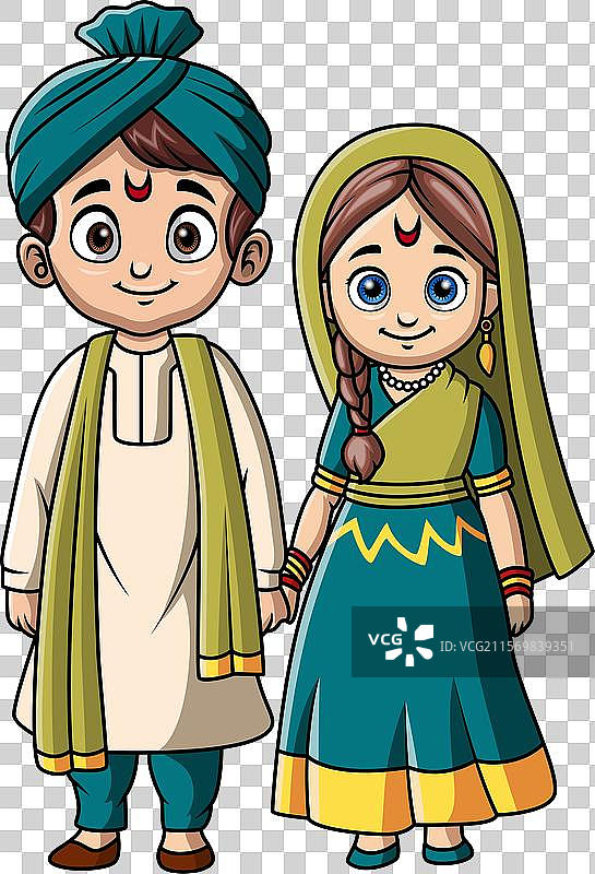 穿着印度服装的卡通情侣儿童图片素材