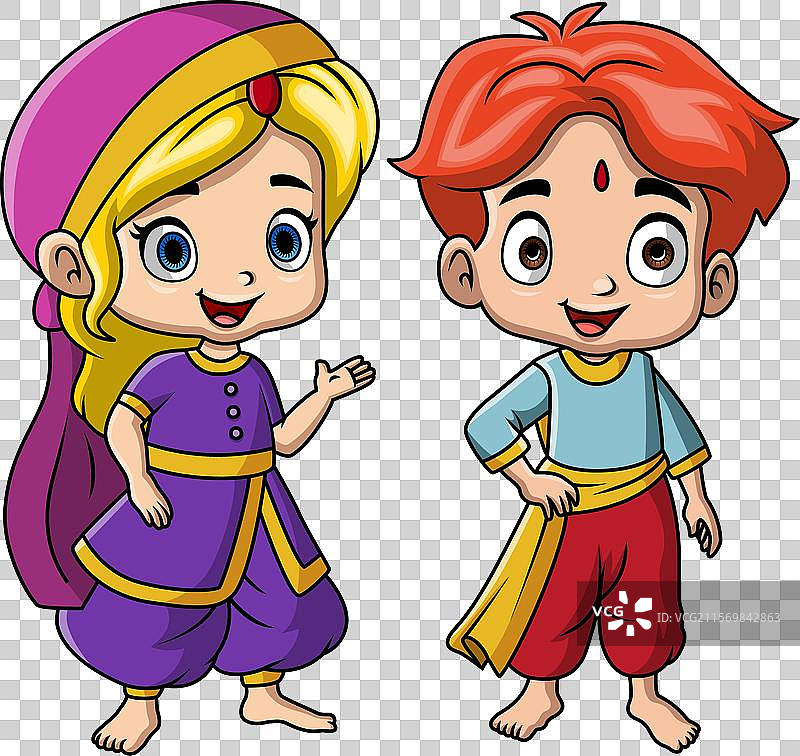 穿着印度服装的卡通情侣儿童图片素材