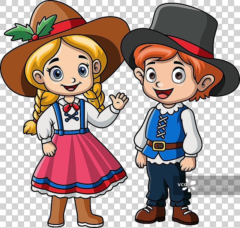 穿着服装的丹麦卡通情侣儿童图片素材