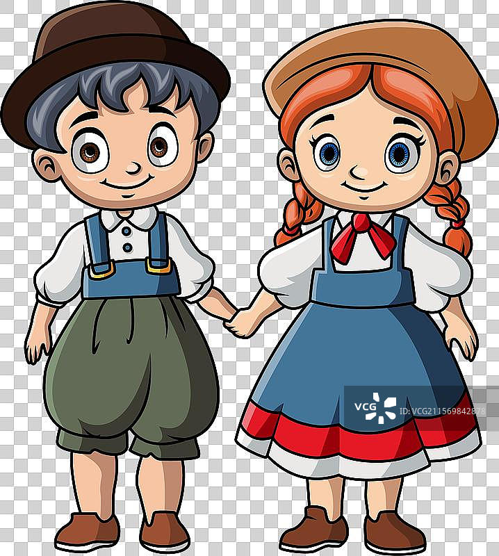 穿着服装的丹麦卡通情侣儿童图片素材