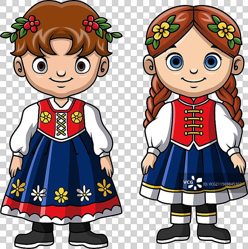 穿着挪威服装的卡通情侣儿童图片素材