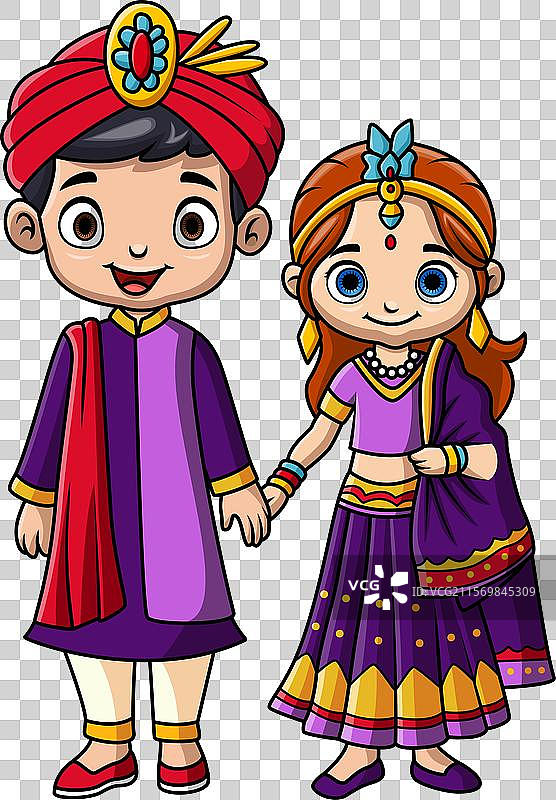 穿着印度服装的卡通情侣儿童图片素材