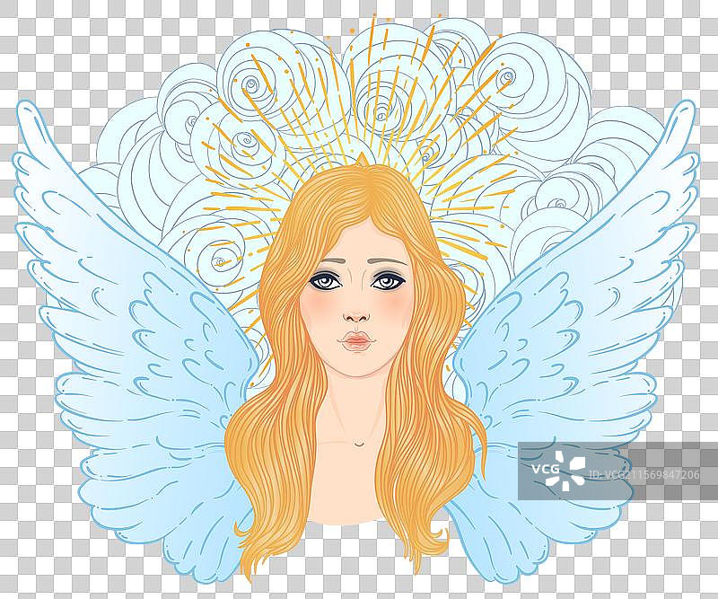 天使女孩，翅膀、十字架、玫瑰和光环图片素材