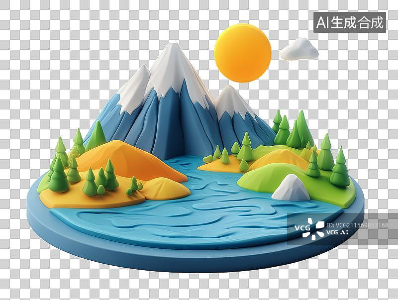 【AI数字艺术】卡通风格的山湖景观图片素材