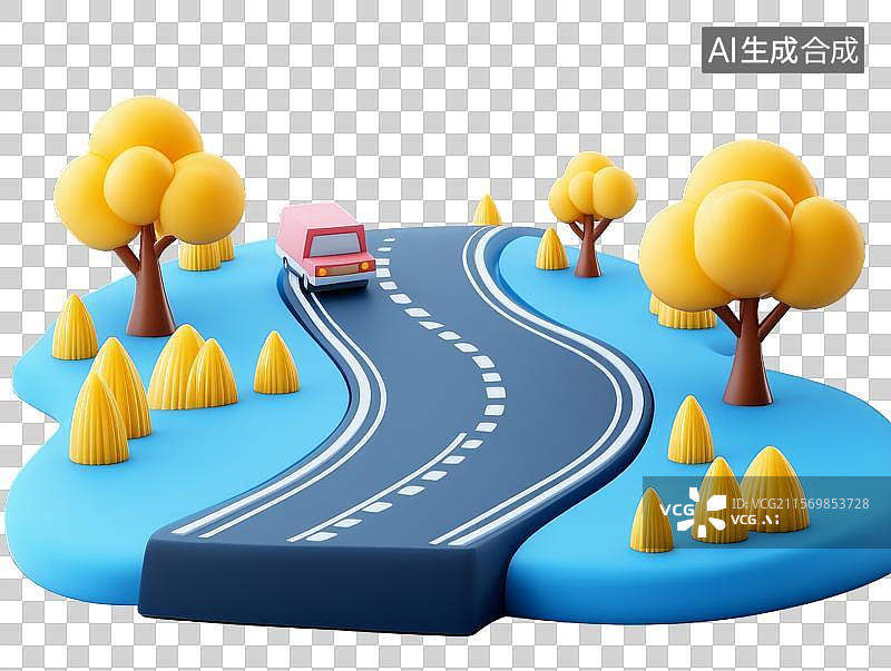 【AI数字艺术】卡通风格的汽车行驶在蜿蜒道路上图片素材