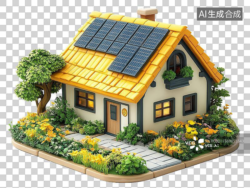 【AI数字艺术】带有太阳能板的卡通风格房屋图片素材