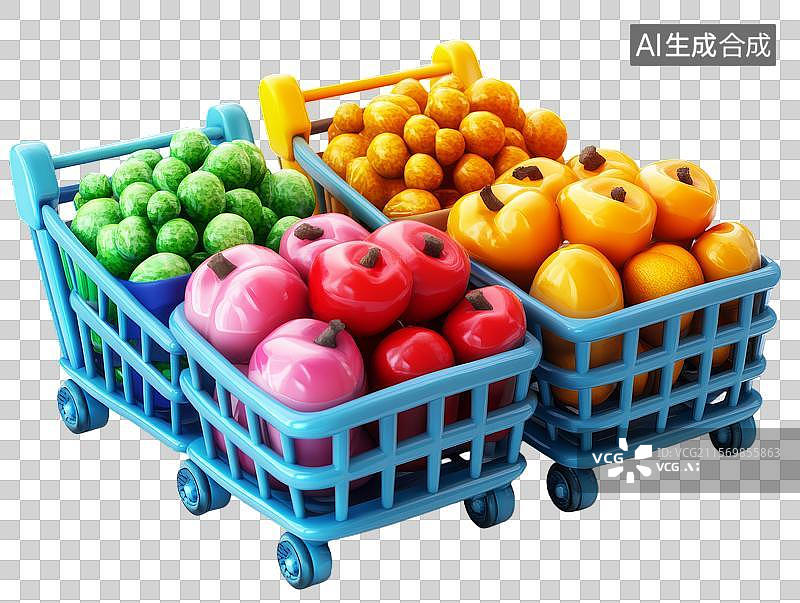 【AI数字艺术】装满彩色水果的购物车玩具图片素材