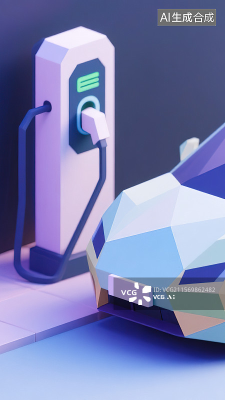 【AI数字艺术】新能源智能汽车电车电动汽车城市室内户外露天充电桩 代替能源绿色环保科技概念 立体折纸风格创意艺术插画图片素材