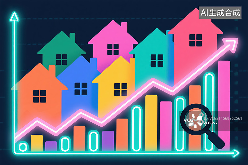 【AI数字艺术】房地产市场增长可视化：多彩房屋与数据图表的分析图景图片素材