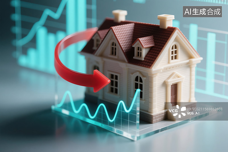 【AI数字艺术】房地产市场趋势：房屋模型与数据波动的直观呈现图片素材