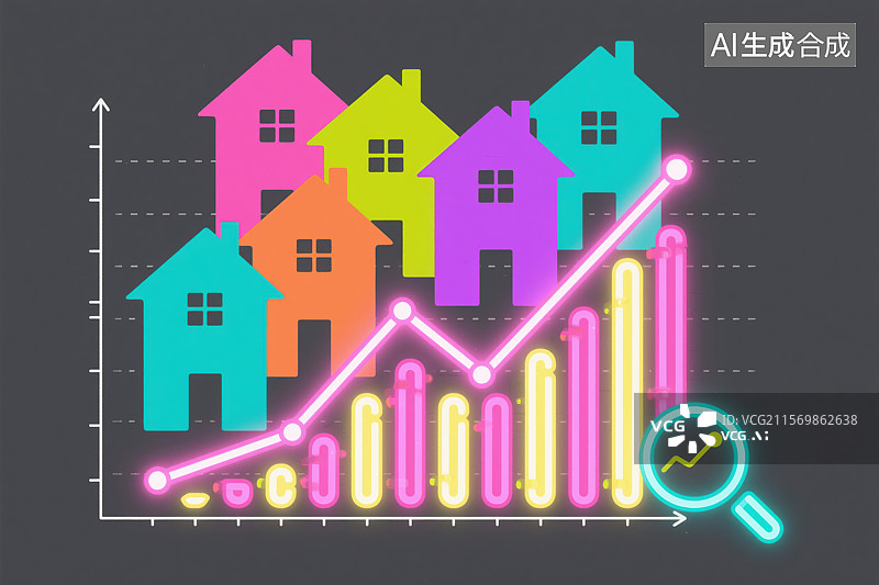 【AI数字艺术】房地产市场增长可视化：多彩房屋与数据图表的分析图景图片素材