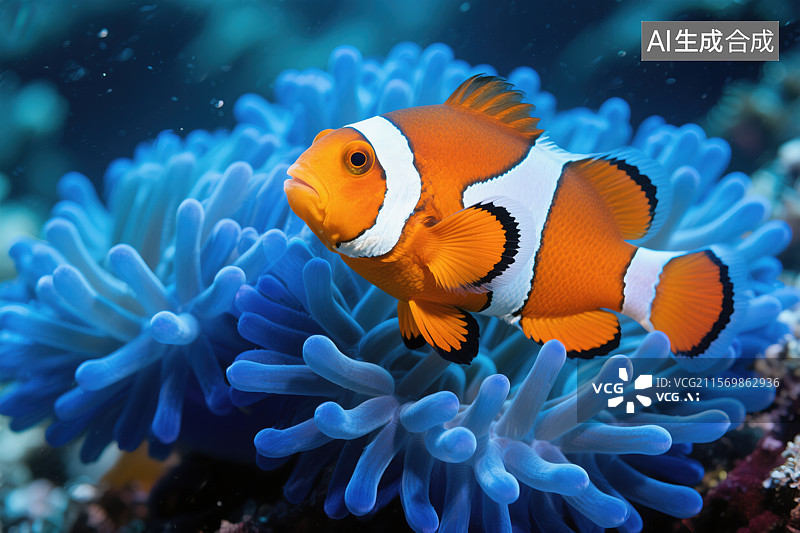 【AI数字艺术】海洋共生之美：小丑鱼与蓝色海葵的梦幻水下世界图片素材