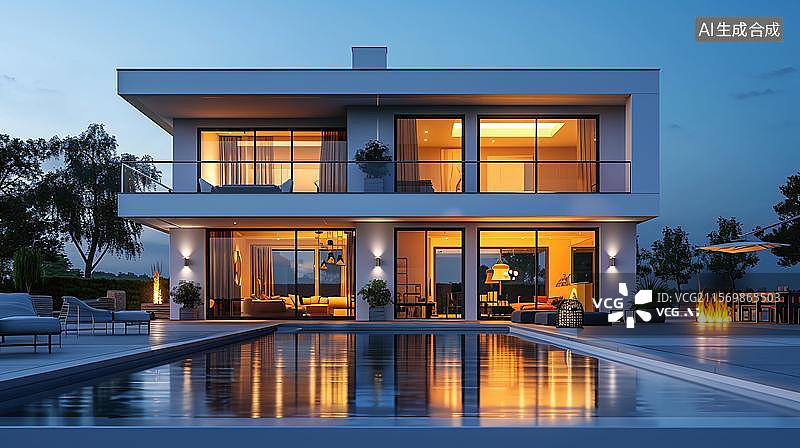 【AI数字艺术】现代住宅带大型落地窗户 现代简约别墅建筑图片素材