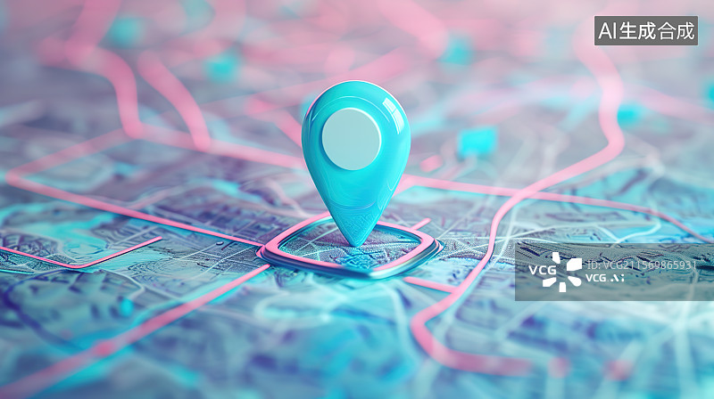 【AI数字艺术】地图上的蓝色定位图标——导航定位概念图片素材