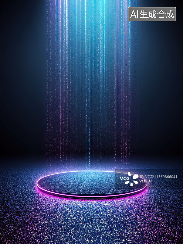 【AI数字艺术】科技风黑色背景粒子光束圆形发光产品展台图片素材