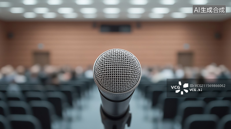 【AI数字艺术】主席台上的话筒和虚化的会议室背景图片素材