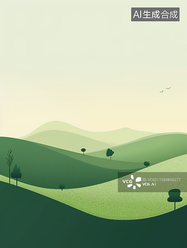 【AI数字艺术】扁平风绿色起伏的山丘上的树风景插画图片素材