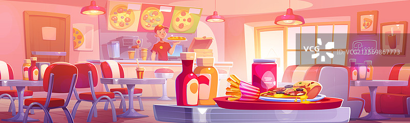 比萨店内部，桌上有比萨，收银台在一旁图片素材