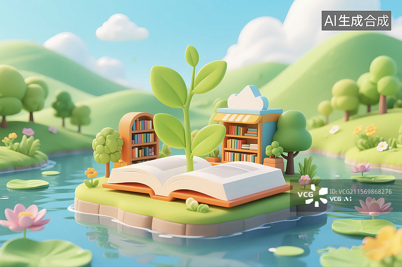 【AI数字艺术】3d卡通世界读书日打开的书科学读物图片素材