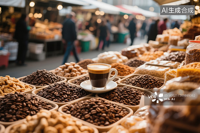【AI数字艺术】咖啡豆和集市场景图片素材