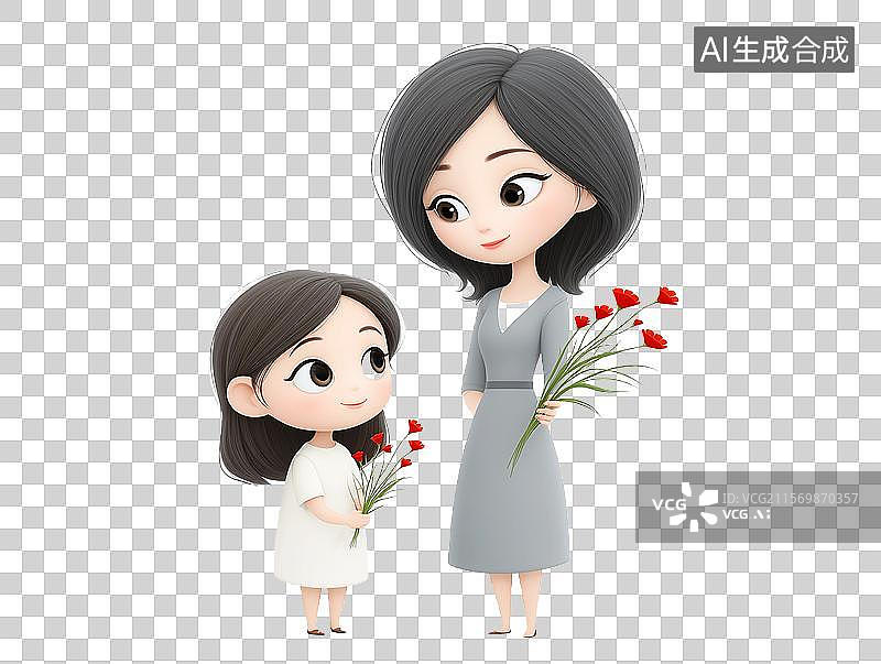 【AI数字艺术】【免抠png素材】母亲节一个女儿送花给妈妈图片素材